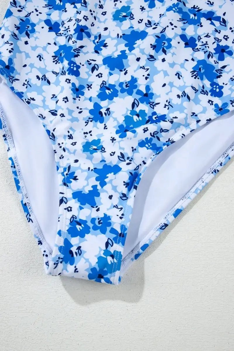 Blue Bohemian Floral Ruffled Lace-Up One-Piece Swimsuit - Love Salve